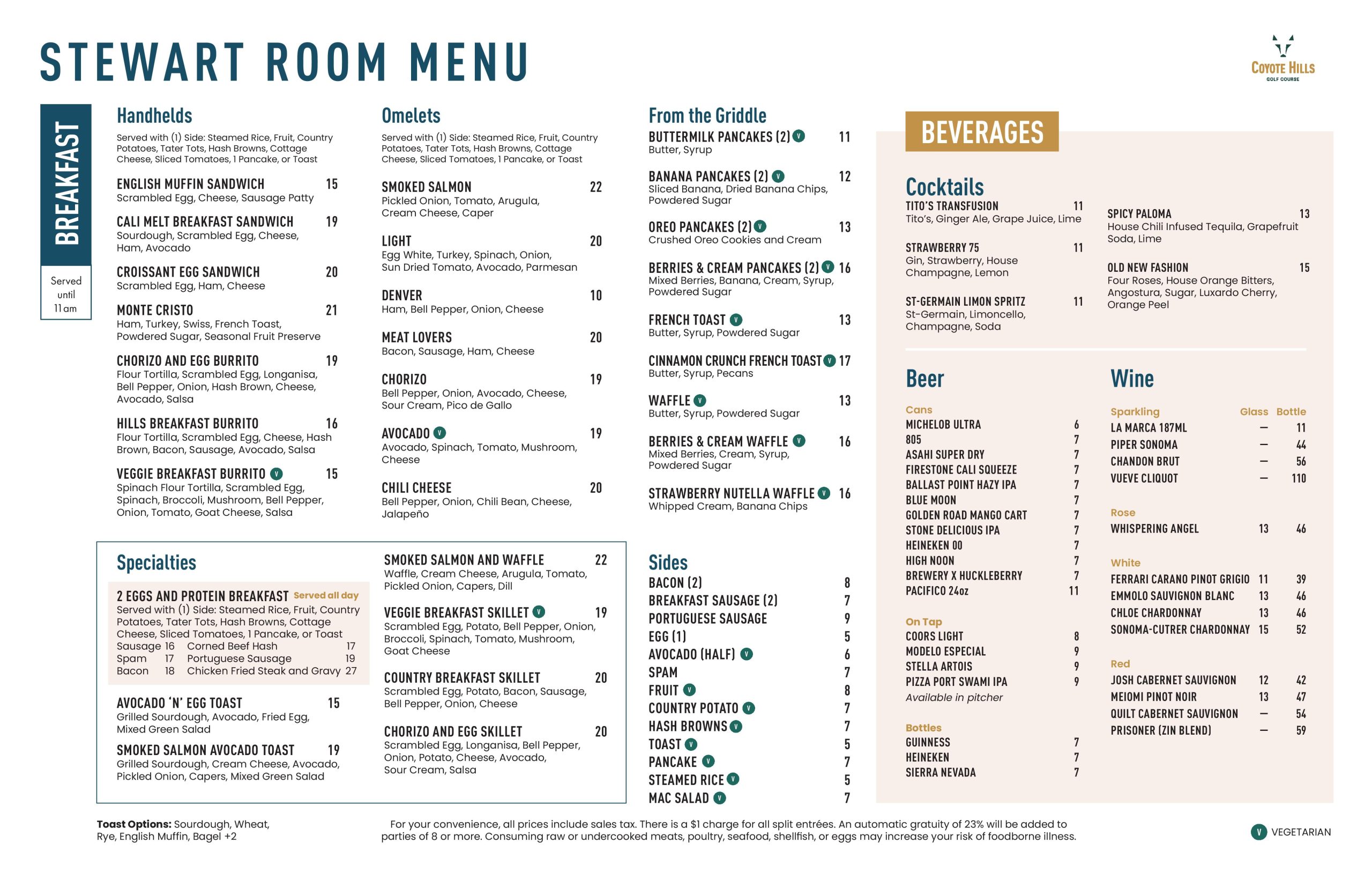 Stewart Room breakfast menu at Coyote Hills Golf Course with omelets, pancakes, breakfast sandwiches, and full bar list