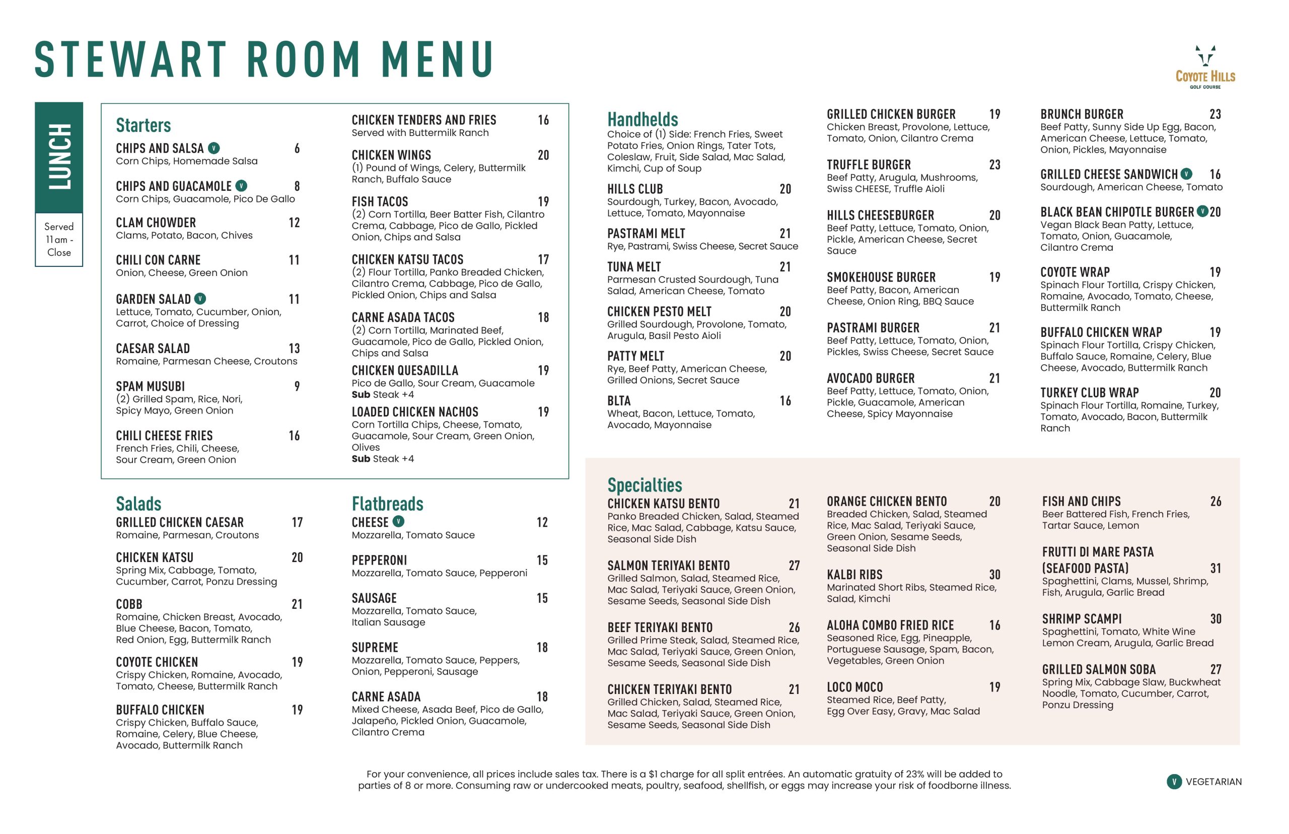 Stewart Room lunch menu at Coyote Hills Golf Course with starters, salads, flatbreads, handhelds, and specialty entrées