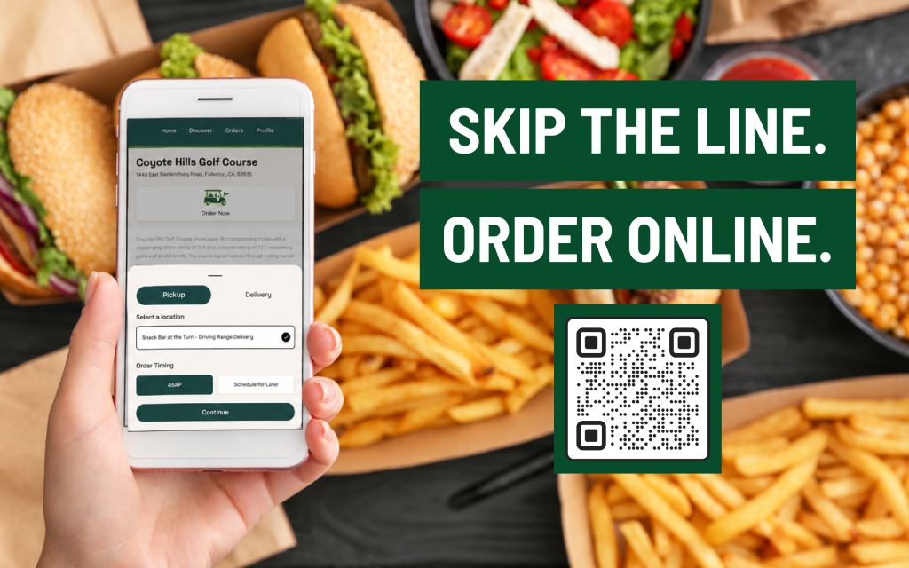 Hand holding a smartphone showing the Coyote Hills Golf Course online ordering app with pickup and delivery options, next to burgers, fries and salad, with "Skip the Line. Order Online." text and a QR code